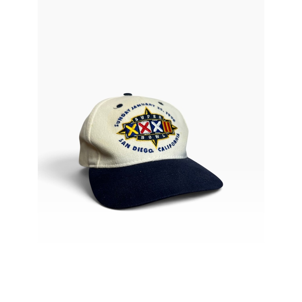 Vtg Logo 7 Super Bowl XXXII Hat Mens OSFA Cream Navy Blue 1998 Miller Lite NFL